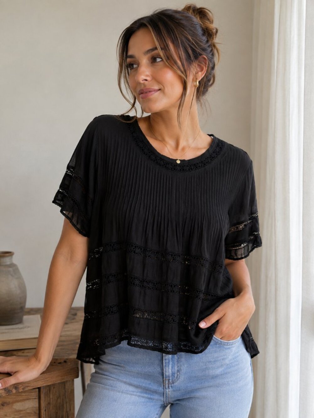 Wilfred Black Lace Pleated Blouse Size M Boho Romantic